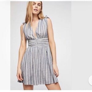 FREE PEOPLE Roll the Dice Blue White Vertical Striped Mini Dress Size L